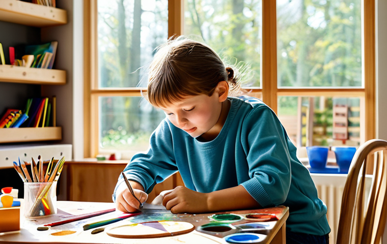 **

"A modern, open-plan home interior designed as a Reggio Emilia-inspired learning environment. Sunlight streams through large windows, illuminating natural wood furniture and art supplies. Children are fully clothed and engaged in creative activities such as painting with watercolors and building structures with blocks.  Safe for work, appropriate content, fully clothed, family-friendly, perfect anatomy, correct proportions, natural pose, high-quality rendering."

**