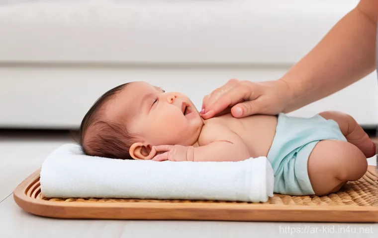 베이비 마사지 효과 - **Prompt 2: Peaceful Slumber after a Calming Massage**
    A serene, high-angle shot of a baby deepl...