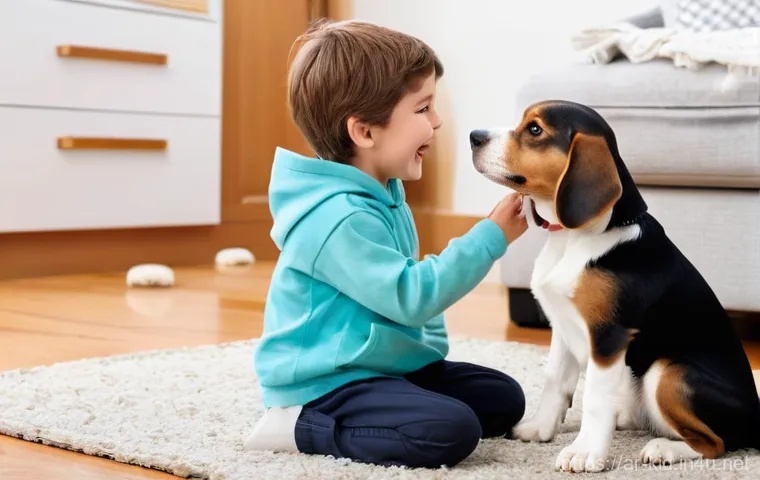 동물과의 교감 교육 - **Prompt:** A cheerful image of a happy child (around 8-10 years old, dressed in bright, clean cloth...