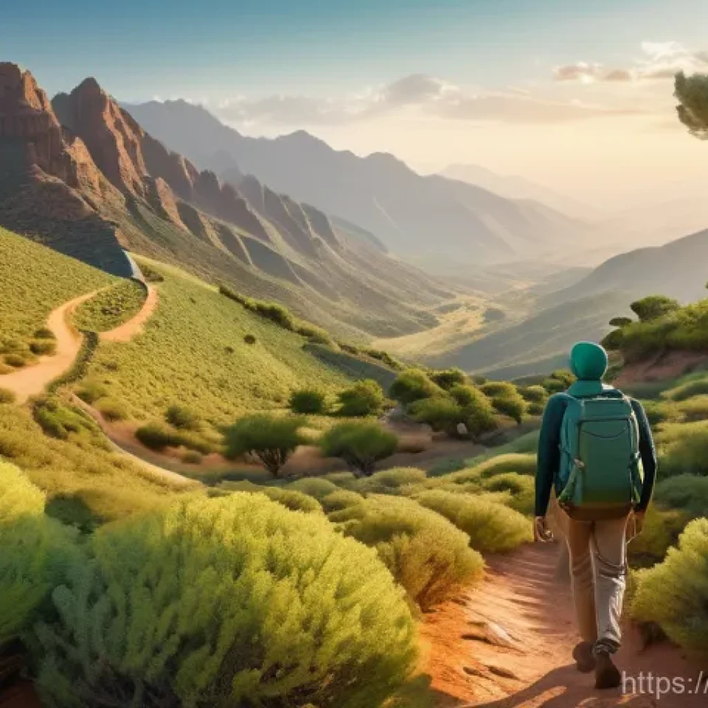 자연 탐구 활동 - **Prompt:** A serene, vibrant landscape depicting a person (dressed in modest, practical hiking atti...