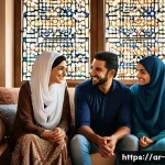 애착 형성과 안정감 - A warm and cozy Middle Eastern family scene inside a traditional living room decorated with Arabic c...