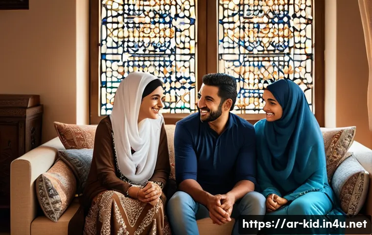 애착 형성과 안정감 - A warm and cozy Middle Eastern family scene inside a traditional living room decorated with Arabic c...