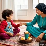 유아기 논술 지도 - A warm and cozy family living room scene in a modern Middle Eastern home, showing an Arab mother and...