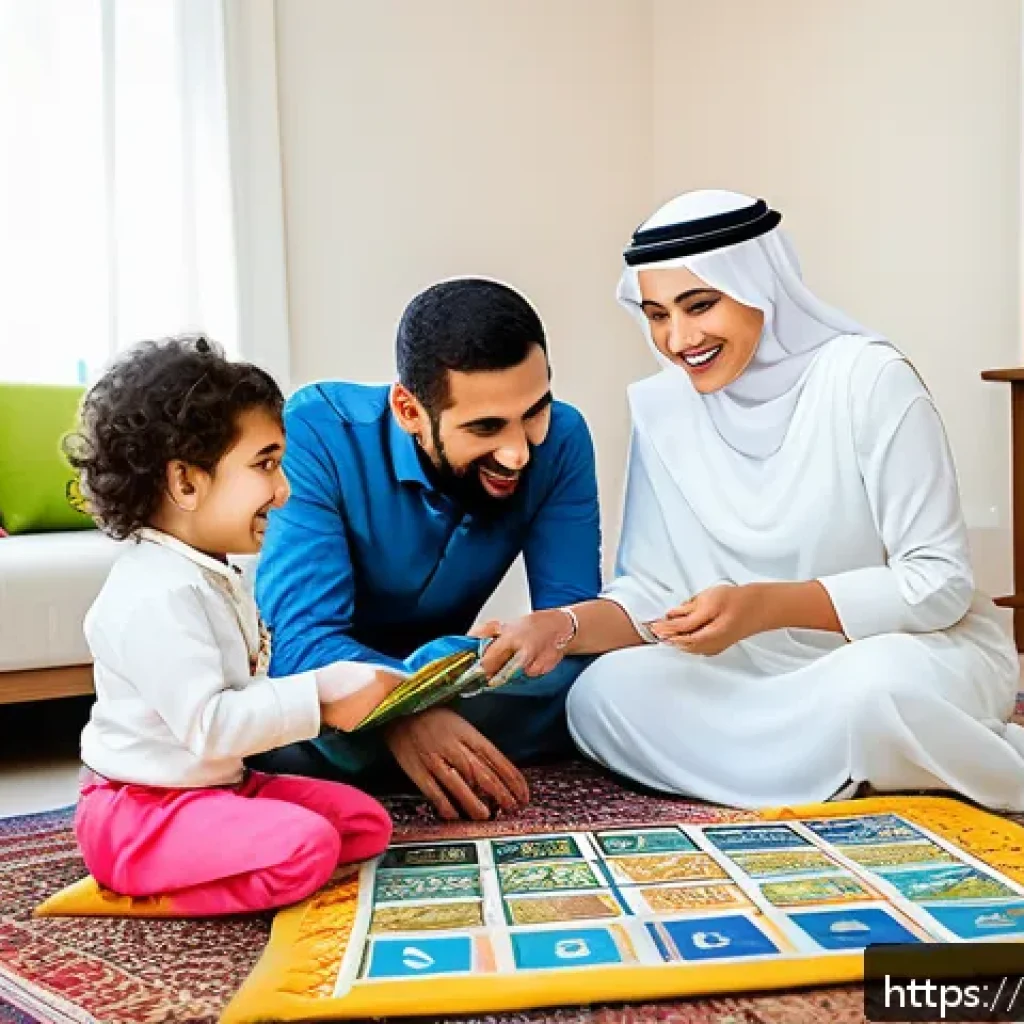 아동 언어 지도의 원리 - A warm, cozy Arabic family living room scene showing a Middle Eastern mother and father playing inte...