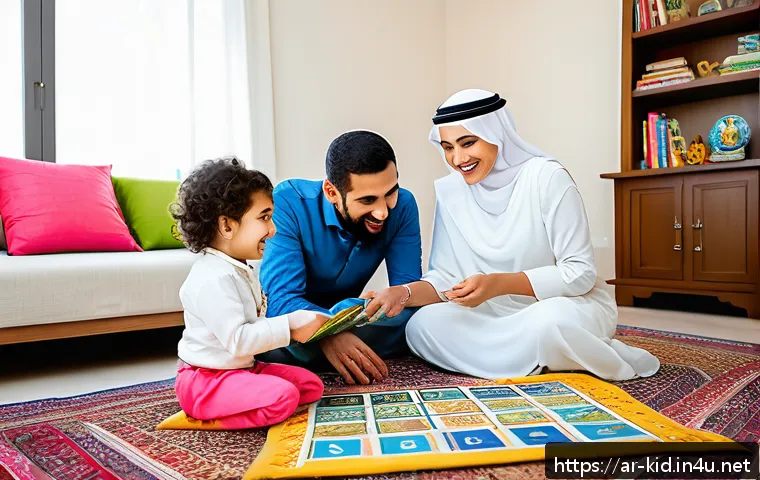 아동 언어 지도의 원리 - A warm, cozy Arabic family living room scene showing a Middle Eastern mother and father playing inte...
