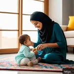 발달 지연 조기 발견 - A warm, culturally authentic Arabic family scene inside a modern living room in a Middle Eastern hom...