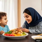 영유아 식습관 교육 - A warm, inviting scene of a Middle Eastern family mealtime in a modern, cozy dining room decorated w...