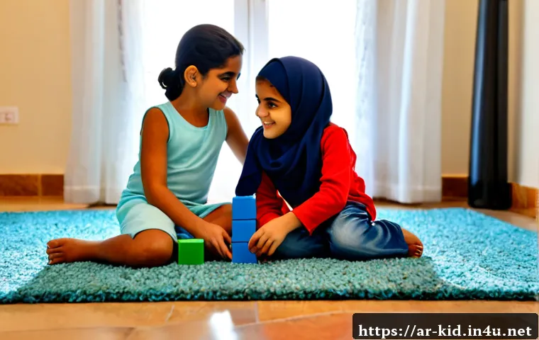 아이의 사회성 기르기 - Photorealistic scene of three Arab children aged 6 to 8 sharing colorful building blocks together on...
