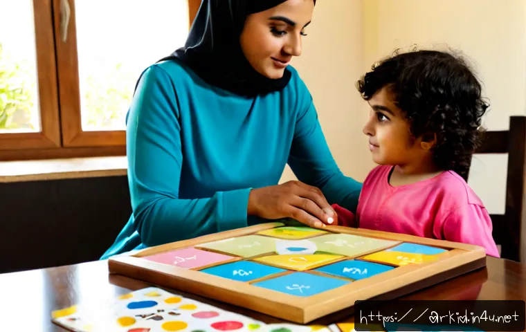 유아기 사고력 발달 프로그램 - Photorealistic Arab mother in modest long-sleeved clothing and a preschool child wearing colorful ev...